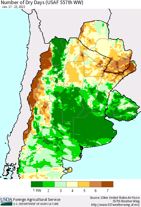 Southern South America Number of Dry Days (USAF 557th WW) Thematic Map For 1/17/2022 - 1/23/2022