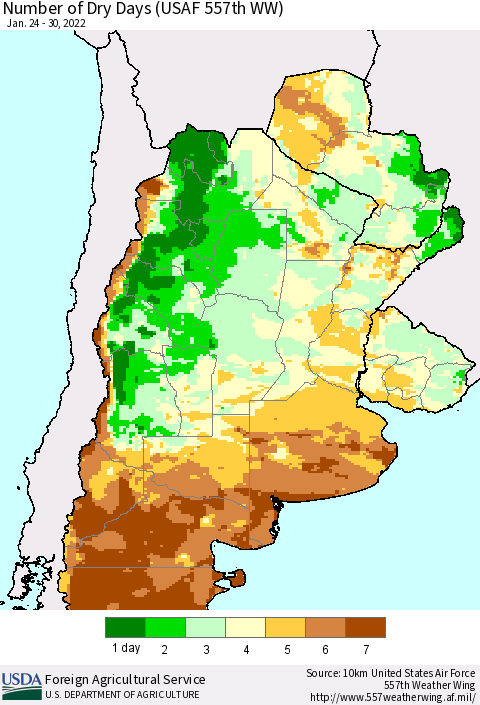 Southern South America Number of Dry Days (USAF 557th WW) Thematic Map For 1/24/2022 - 1/30/2022