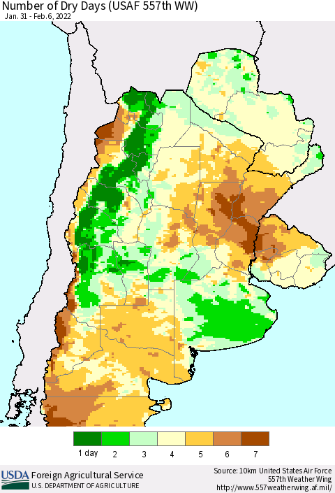 Southern South America Number of Dry Days (USAF 557th WW) Thematic Map For 1/31/2022 - 2/6/2022