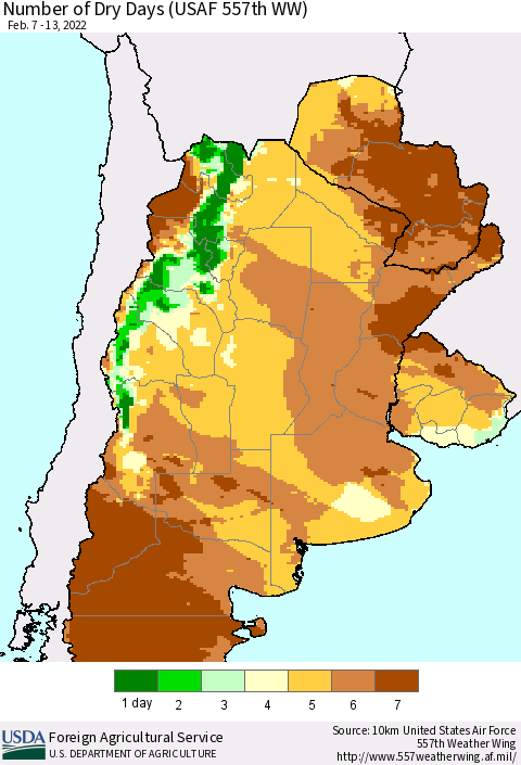Southern South America Number of Dry Days (USAF 557th WW) Thematic Map For 2/7/2022 - 2/13/2022