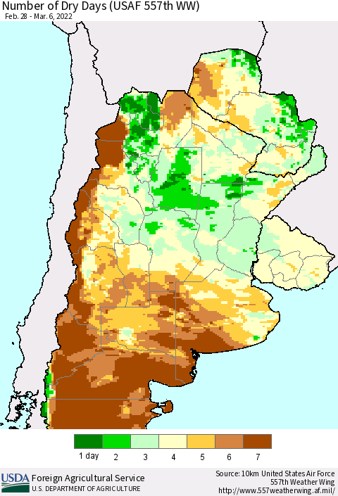 Southern South America Number of Dry Days (USAF 557th WW) Thematic Map For 2/28/2022 - 3/6/2022