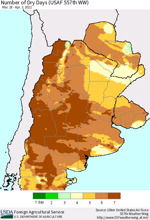 Southern South America Number of Dry Days (USAF 557th WW) Thematic Map For 3/28/2022 - 4/3/2022