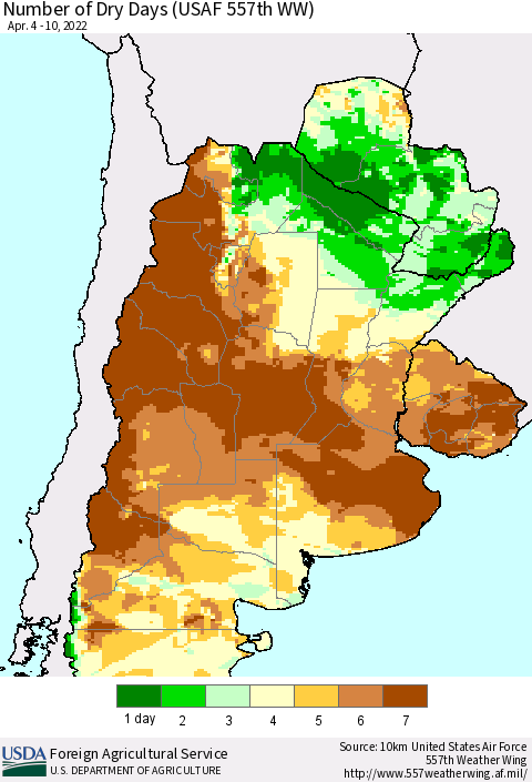 Southern South America Number of Dry Days (USAF 557th WW) Thematic Map For 4/4/2022 - 4/10/2022