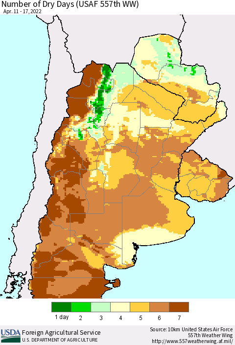 Southern South America Number of Dry Days (USAF 557th WW) Thematic Map For 4/11/2022 - 4/17/2022
