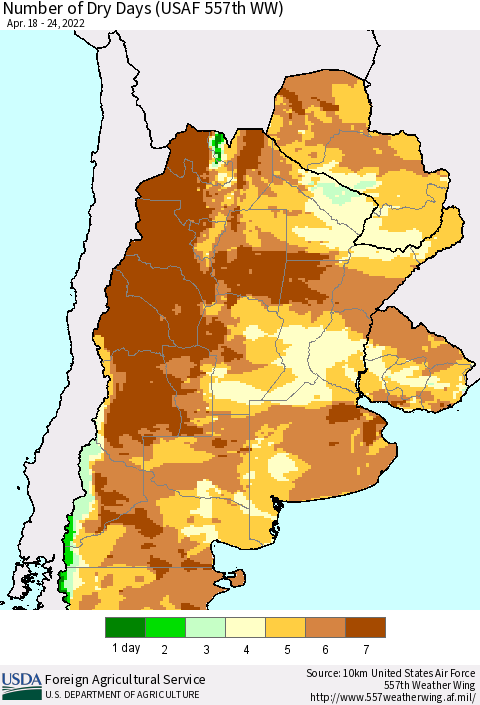 Southern South America Number of Dry Days (USAF 557th WW) Thematic Map For 4/18/2022 - 4/24/2022