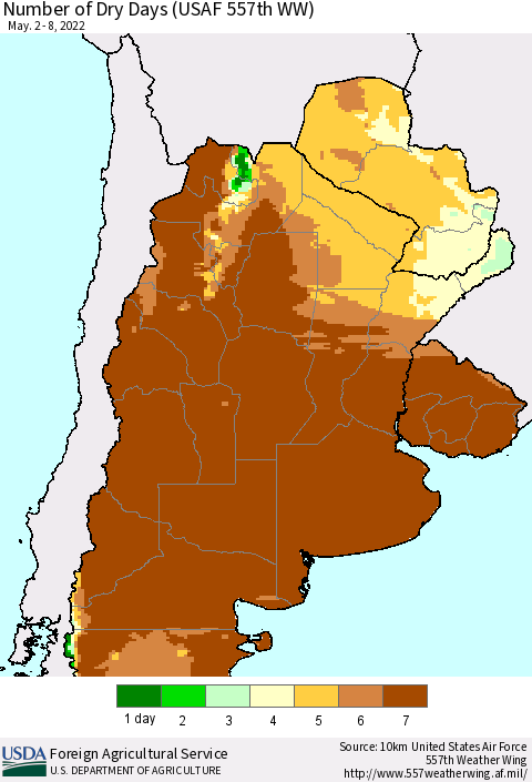 Southern South America Number of Dry Days (USAF 557th WW) Thematic Map For 5/2/2022 - 5/8/2022