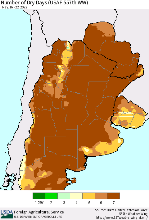 Southern South America Number of Dry Days (USAF 557th WW) Thematic Map For 5/16/2022 - 5/22/2022