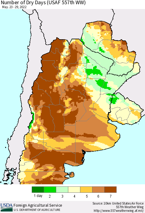 Southern South America Number of Dry Days (USAF 557th WW) Thematic Map For 5/23/2022 - 5/29/2022