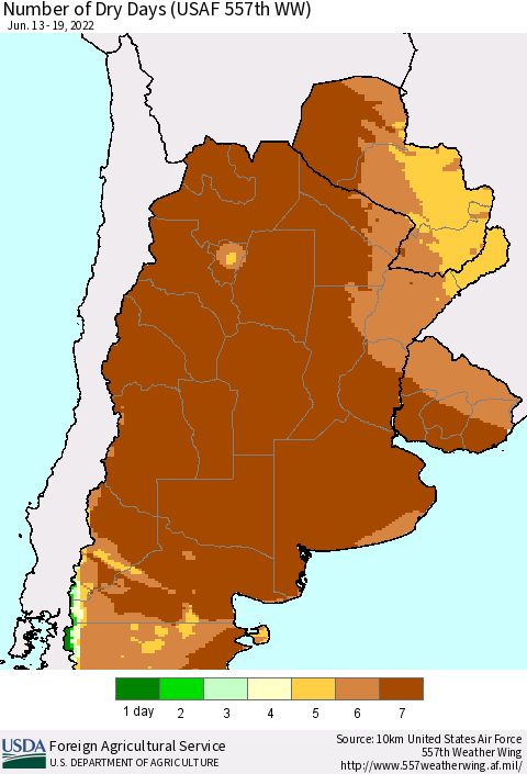 Southern South America Number of Dry Days (USAF 557th WW) Thematic Map For 6/13/2022 - 6/19/2022
