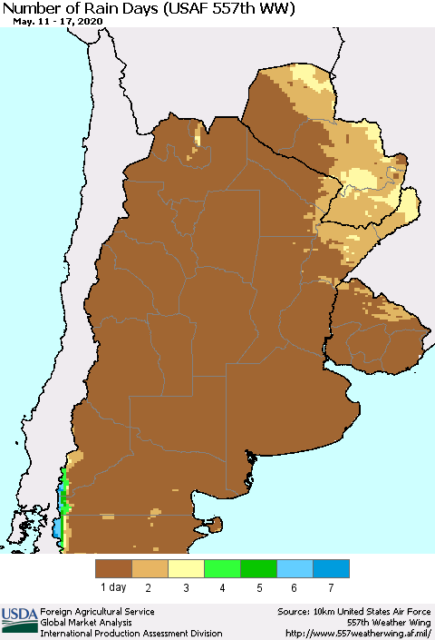 Southern South America Number of Rain Days (USAF 557th WW) Thematic Map For 5/11/2020 - 5/17/2020