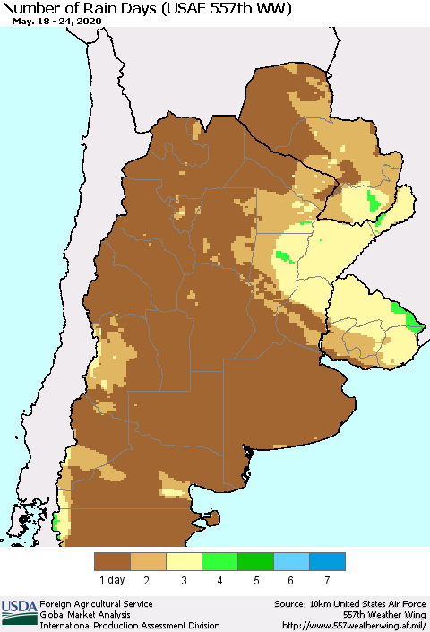 Southern South America Number of Rain Days (USAF 557th WW) Thematic Map For 5/18/2020 - 5/24/2020
