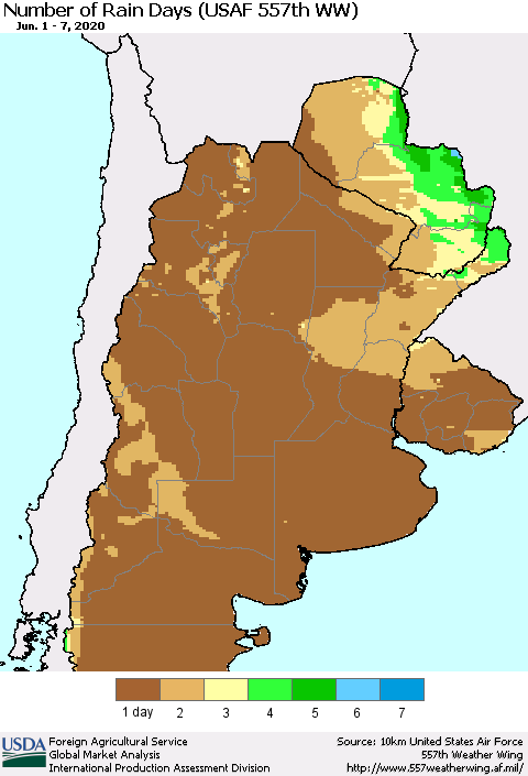 Southern South America Number of Rain Days (USAF 557th WW) Thematic Map For 6/1/2020 - 6/7/2020