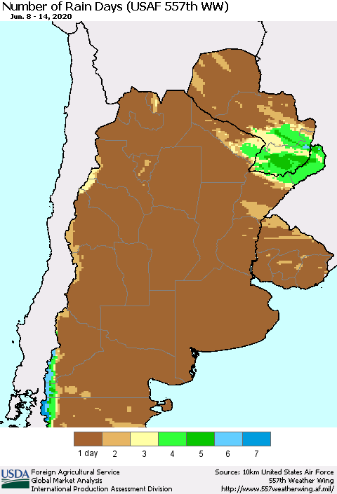 Southern South America Number of Rain Days (USAF 557th WW) Thematic Map For 6/8/2020 - 6/14/2020