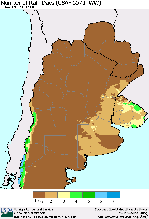 Southern South America Number of Rain Days (USAF 557th WW) Thematic Map For 6/15/2020 - 6/21/2020