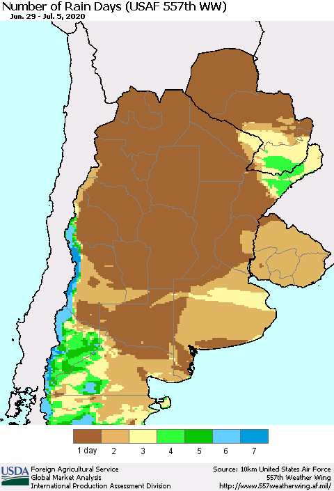 Southern South America Number of Rain Days (USAF 557th WW) Thematic Map For 6/29/2020 - 7/5/2020