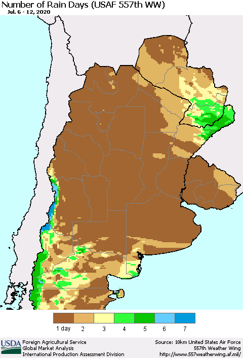 Southern South America Number of Rain Days (USAF 557th WW) Thematic Map For 7/6/2020 - 7/12/2020