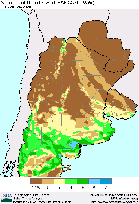 Southern South America Number of Rain Days (USAF 557th WW) Thematic Map For 7/20/2020 - 7/26/2020