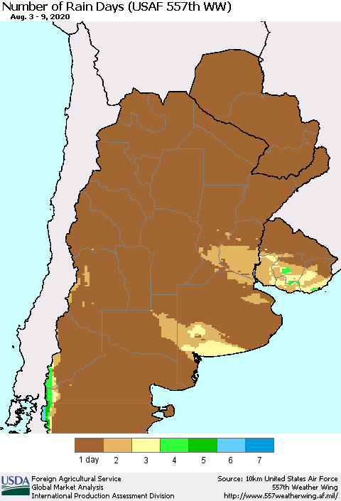 Southern South America Number of Rain Days (USAF 557th WW) Thematic Map For 8/3/2020 - 8/9/2020