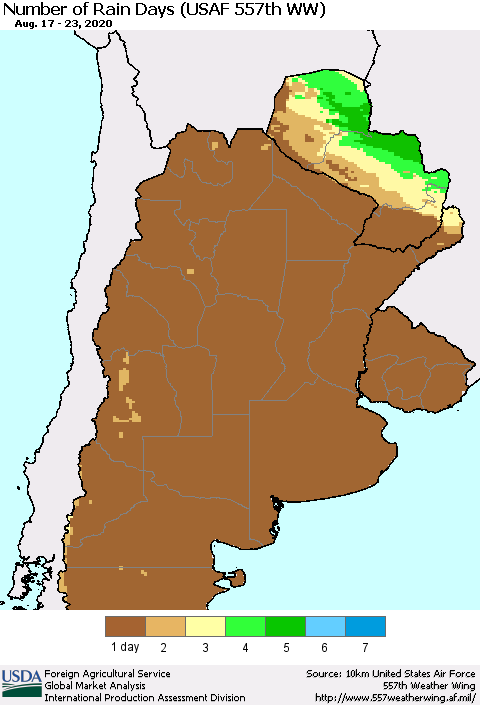 Southern South America Number of Rain Days (USAF 557th WW) Thematic Map For 8/17/2020 - 8/23/2020