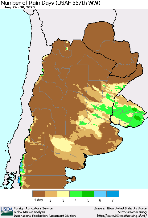 Southern South America Number of Rain Days (USAF 557th WW) Thematic Map For 8/24/2020 - 8/30/2020