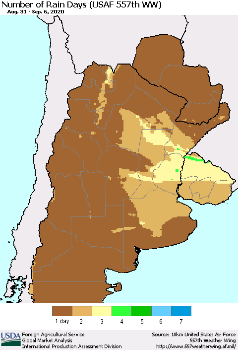Southern South America Number of Rain Days (USAF 557th WW) Thematic Map For 8/31/2020 - 9/6/2020