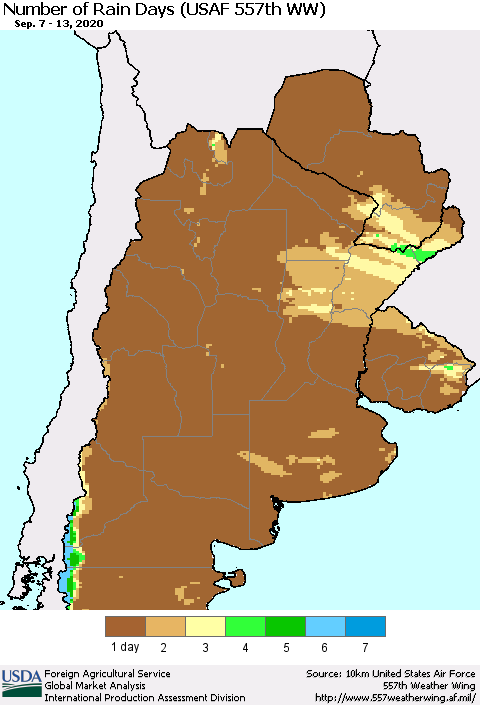 Southern South America Number of Rain Days (USAF 557th WW) Thematic Map For 9/7/2020 - 9/13/2020