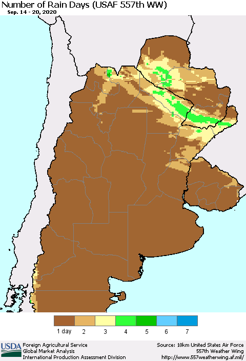 Southern South America Number of Rain Days (USAF 557th WW) Thematic Map For 9/14/2020 - 9/20/2020