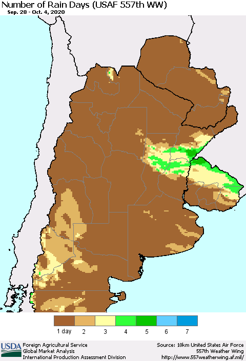 Southern South America Number of Rain Days (USAF 557th WW) Thematic Map For 9/28/2020 - 10/4/2020