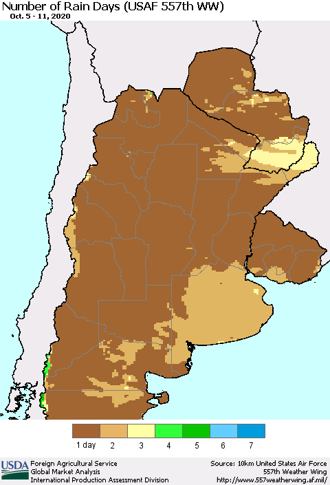 Southern South America Number of Rain Days (USAF 557th WW) Thematic Map For 10/5/2020 - 10/11/2020