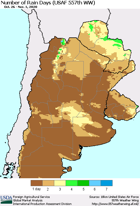 Southern South America Number of Rain Days (USAF 557th WW) Thematic Map For 10/26/2020 - 11/1/2020