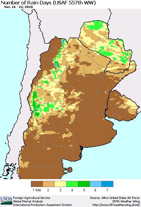 Southern South America Number of Rain Days (USAF 557th WW) Thematic Map For 11/16/2020 - 11/22/2020