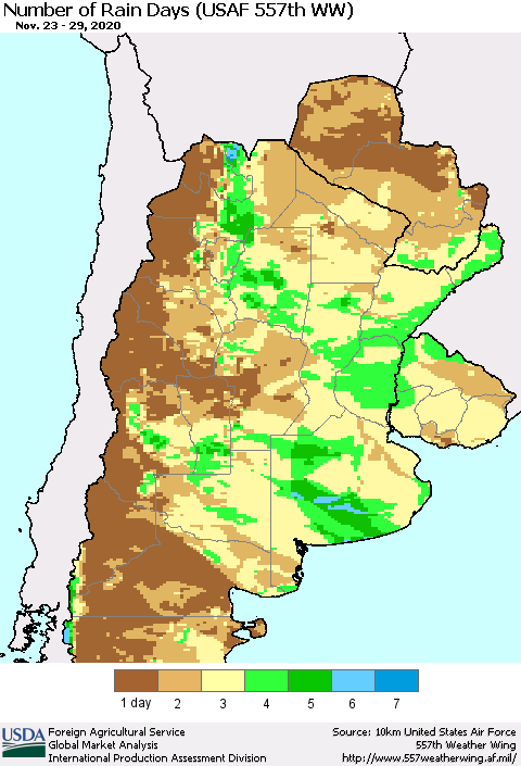 Southern South America Number of Rain Days (USAF 557th WW) Thematic Map For 11/23/2020 - 11/29/2020