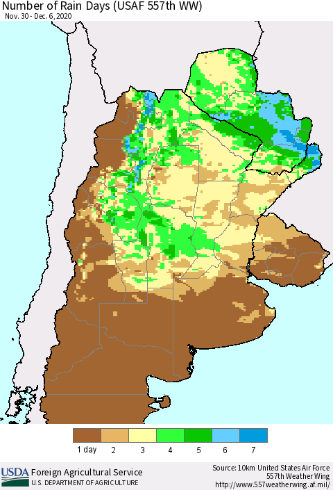 Southern South America Number of Rain Days (USAF 557th WW) Thematic Map For 11/30/2020 - 12/6/2020