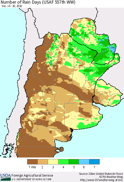 Southern South America Number of Rain Days (USAF 557th WW) Thematic Map For 12/14/2020 - 12/20/2020