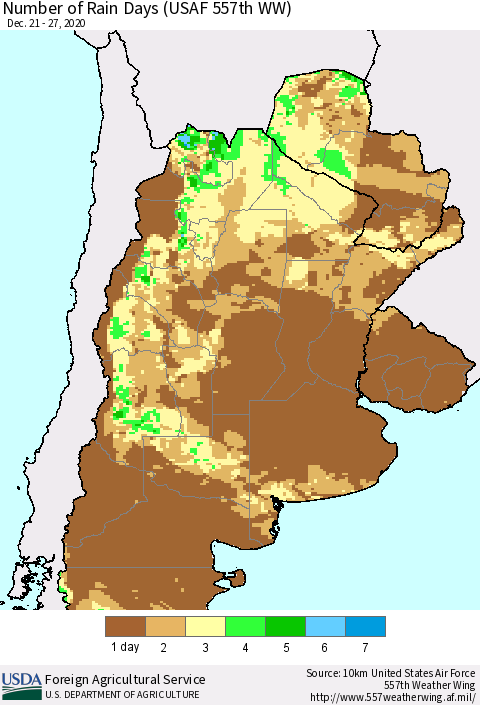 Southern South America Number of Rain Days (USAF 557th WW) Thematic Map For 12/21/2020 - 12/27/2020