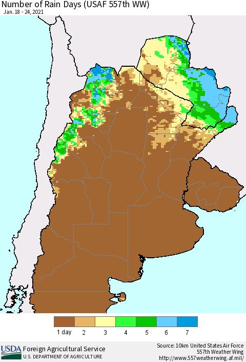 Southern South America Number of Rain Days (USAF 557th WW) Thematic Map For 1/18/2021 - 1/24/2021