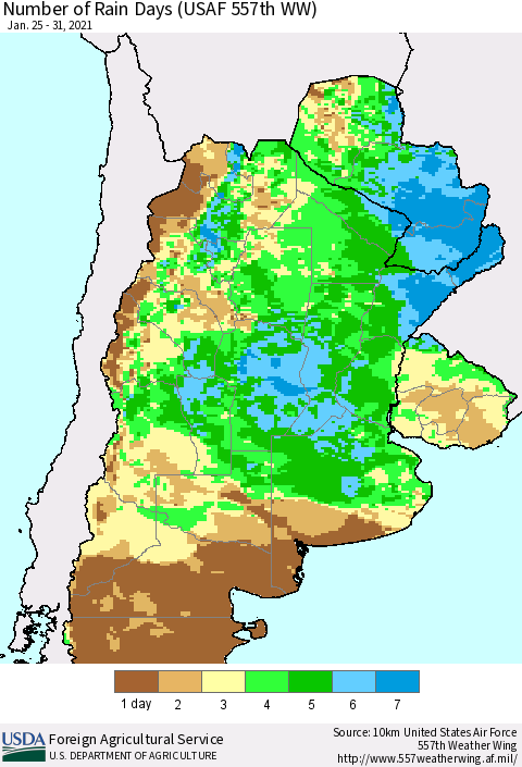 Southern South America Number of Rain Days (USAF 557th WW) Thematic Map For 1/25/2021 - 1/31/2021