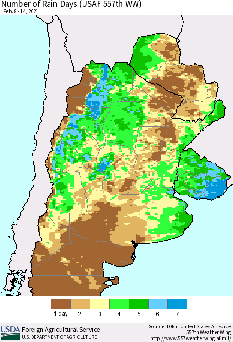 Southern South America Number of Rain Days (USAF 557th WW) Thematic Map For 2/8/2021 - 2/14/2021