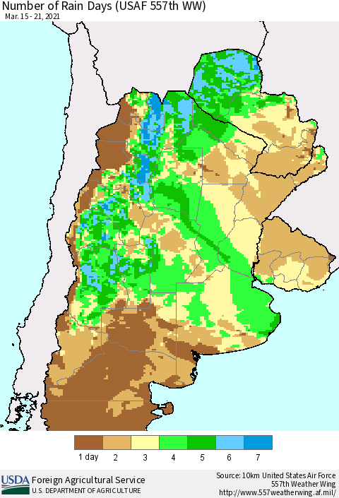 Southern South America Number of Rain Days (USAF 557th WW) Thematic Map For 3/15/2021 - 3/21/2021
