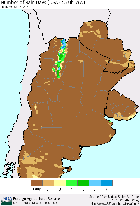 Southern South America Number of Rain Days (USAF 557th WW) Thematic Map For 3/29/2021 - 4/4/2021