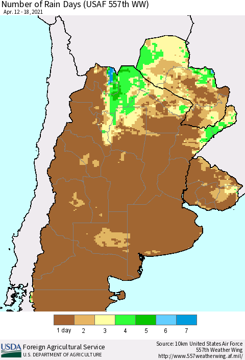 Southern South America Number of Rain Days (USAF 557th WW) Thematic Map For 4/12/2021 - 4/18/2021
