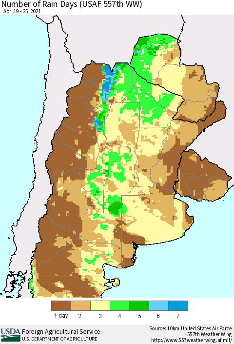 Southern South America Number of Rain Days (USAF 557th WW) Thematic Map For 4/19/2021 - 4/25/2021