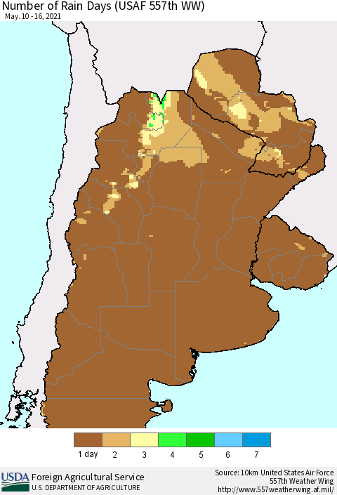 Southern South America Number of Rain Days (USAF 557th WW) Thematic Map For 5/10/2021 - 5/16/2021