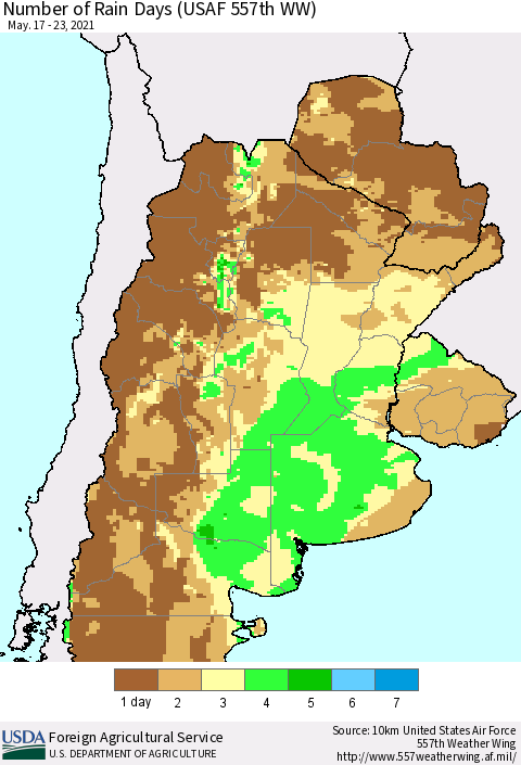 Southern South America Number of Rain Days (USAF 557th WW) Thematic Map For 5/17/2021 - 5/23/2021