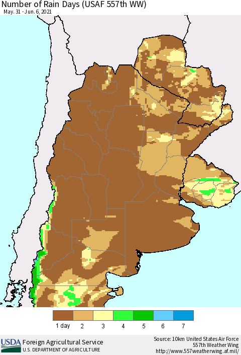 Southern South America Number of Rain Days (USAF 557th WW) Thematic Map For 5/31/2021 - 6/6/2021