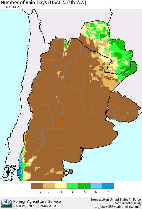 Southern South America Number of Rain Days (USAF 557th WW) Thematic Map For 6/7/2021 - 6/13/2021