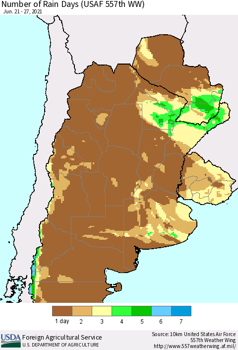 Southern South America Number of Rain Days (USAF 557th WW) Thematic Map For 6/21/2021 - 6/27/2021