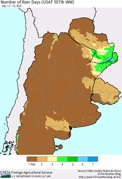 Southern South America Number of Rain Days (USAF 557th WW) Thematic Map For 9/13/2021 - 9/19/2021