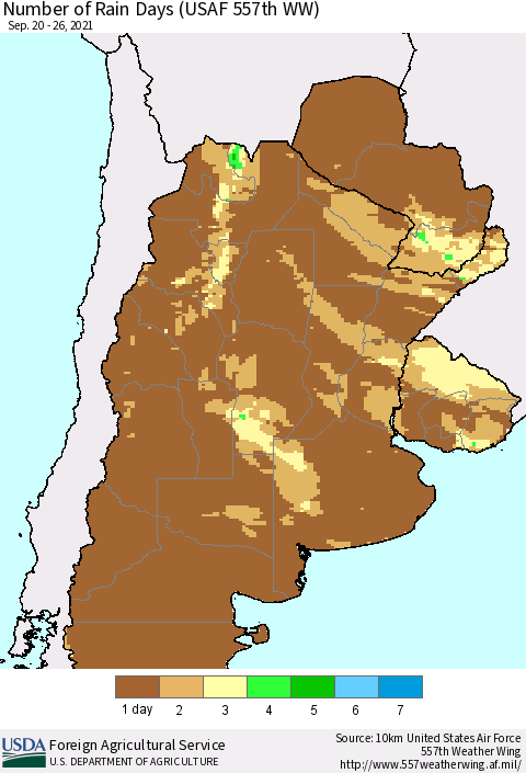 Southern South America Number of Rain Days (USAF 557th WW) Thematic Map For 9/20/2021 - 9/26/2021