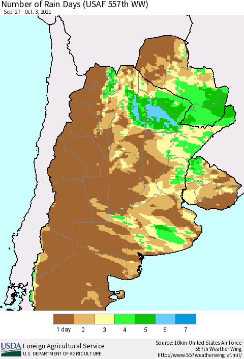 Southern South America Number of Rain Days (USAF 557th WW) Thematic Map For 9/27/2021 - 10/3/2021